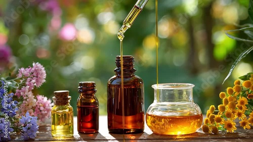 Collection of natural herbal remedies and essential oils in glass bottles with honey jar