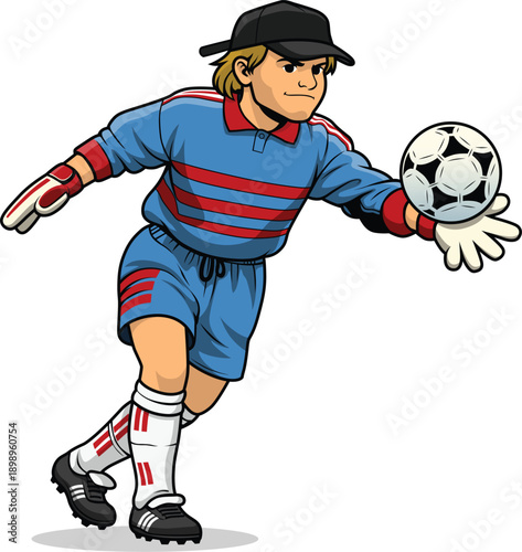 Cartoon vector illustration of a football goalkeeper catching a ball in dynamic action pose. Ideal for sports design, football posters, social media content, merchandise, team branding. Basic RGB