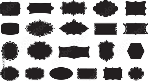 A collection of various black shapes on a white background with rough edges and different forms.