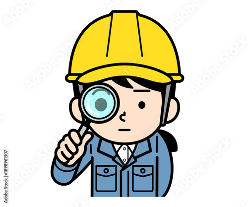 虫眼鏡で観察するヘルメットをかぶった現場監督の女性