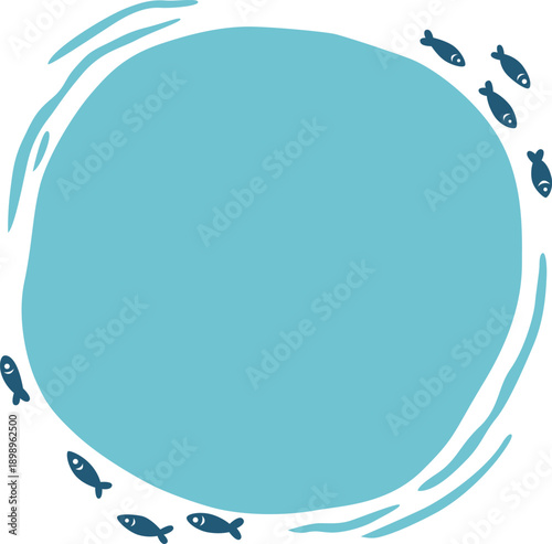 School of Fish Swimming in Circle Frame for Seafood Restaurant, quatic Ecosystem and fishing concept.