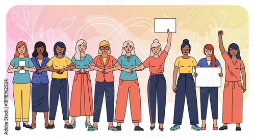 Diverse women standing united with signs in colorful outfits