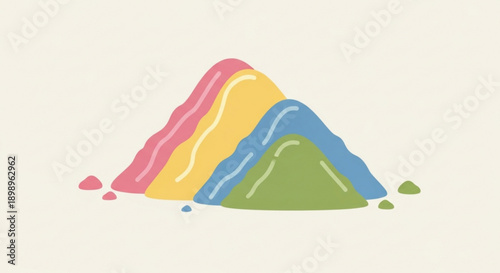 Colorful sand piles in pink yellow blue and green hues on white