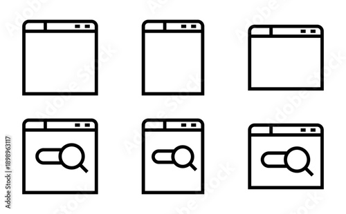 Conjunto de iconos de ventanas del navegador. Interfaz web, visualización digital, estructura de páginas, navegación en línea. Ilustración vectorial lineal