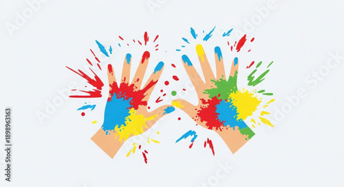 Colorful hands with paint splatters and creative expression