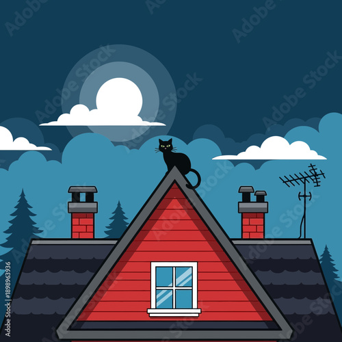 Black cat on rooftop at night under moon and clouds, cartoon style
