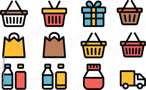 Shopping, basket, icons, set, showing, retail, grocery, bags, bottles, jars, delivery, gift, packaging, commerce, purchase, market, store, vector, illustration, collection