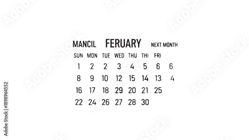 Close up calendar page displaying February month grid and days.