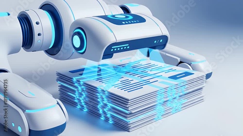 AI robot arm scanning documents with glowing blue light