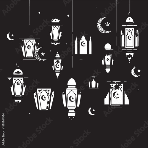 Floating lanterns and crescent moons illuminate a festive, hanging display in monochrome night.