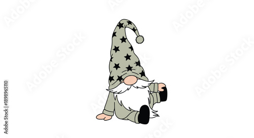 Whimsical garden gnome wearing a tall hat decorated with black stars sitting on the ground in a very relaxed and calm pose.
