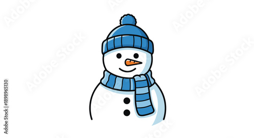 Friendly winter snowman wearing a blue striped hat and matching scarf with three black buttons on his snowy white body.