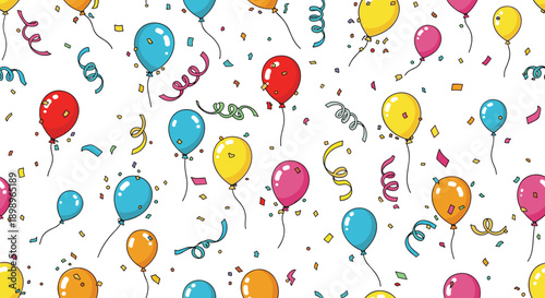 Festive seamless pattern with colorful balloons and confetti floating on a white background for birthday parties and celebrations.