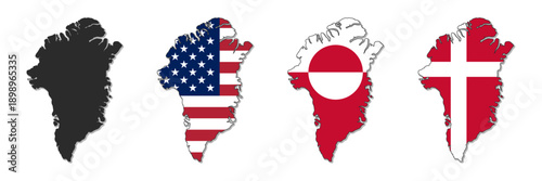 Greenland map set. Flags of USA, Greenland and Denmark. Isolated vector elements