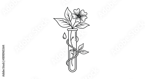 Creative line art drawing of a test tube with a flower and leafy vine growing from it representing nature and science combined.