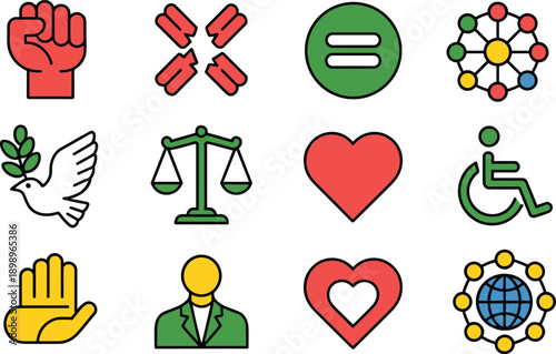 Human rights values icon set, equality justice peace love inclusion symbols, colorful flat vector illustration for social responsibility concepts design