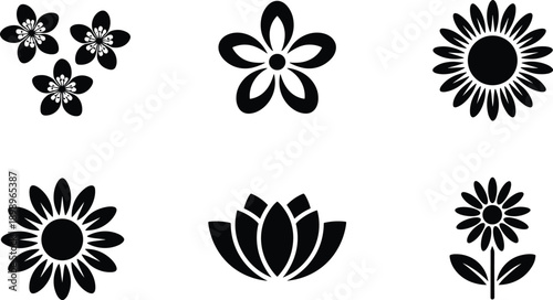 Minimal black floral icon set, abstract flower silhouettes, lotus and daisy symbols, botanical logo elements, vector design collection