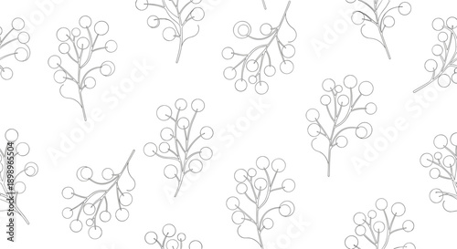 Minimalist seamless pattern featuring delicate berry branches drawn with thin black lines on a clean and bright white background.