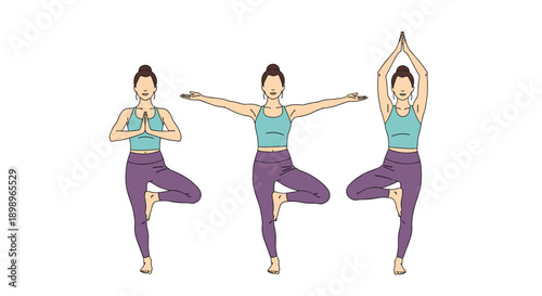 Three variations of a woman practicing the yoga tree pose with different arm positions to demonstrate balance and mindfulness exercises.