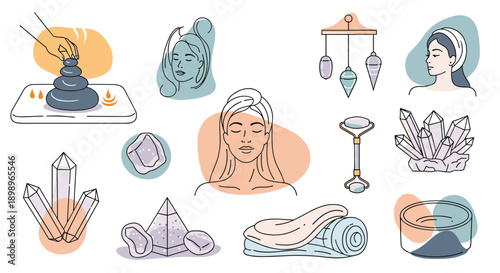 Set of spa and wellness icons including massage stones, crystals, a facial roller, and serene women's faces in a minimalist style.