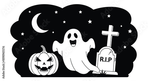 Spooky Halloween scene featuring a cheerful ghost, carved jack o lantern, and a tombstone under a crescent moon in the night.