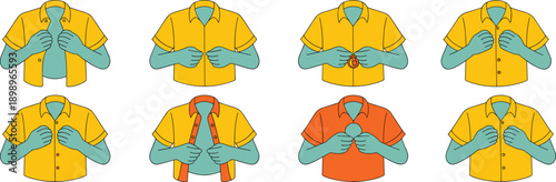 Shirt buttoning process illustration showing hands fastening short sleeve clothing steps isolated on white background for fashion and apparel guides