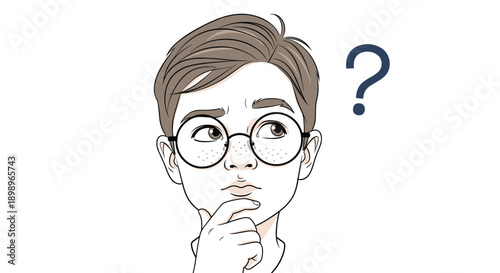 Thoughtful illustration of a young boy with glasses and freckles looking up with a question mark over his head.