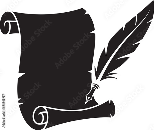 Black silhouette of a rolled parchment scroll with a quill pen and inkwell