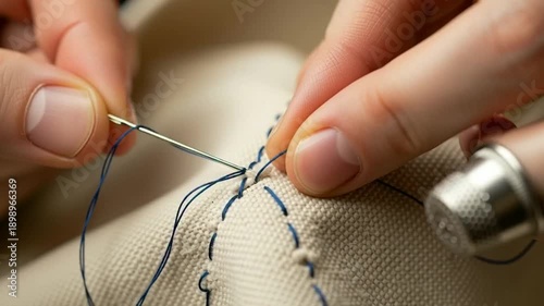Close-up of hands sewing fabric with needle and blue thread, thimble on thumb