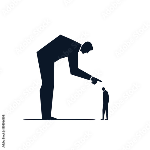 A large figure in a suit points down at a much smaller person