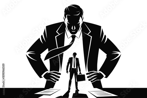A looming businessman towers over a smaller figure in a stark illustration