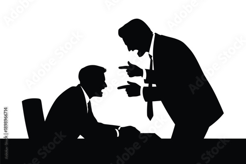 A tense business meeting depicts a man scolding another seated at a desk