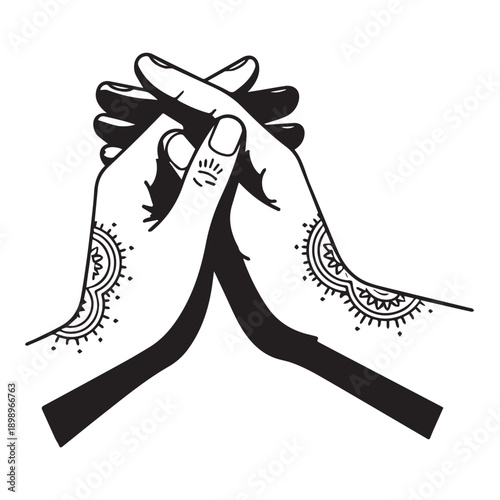 Stylized praying hands with decorative henna patterns in black and white illustration.