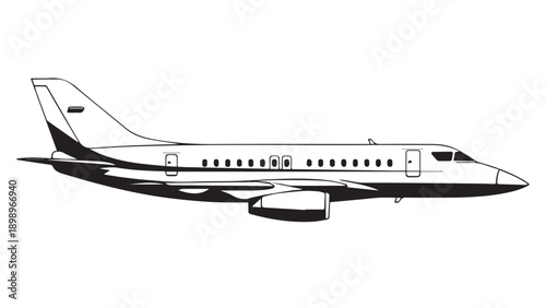 Private jet aircraft with white body and dark blue tail, parked on tarmac beside runway and hangar.