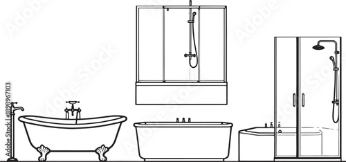 A collection of stylish, modern bathroom fixtures, including bathtubs and showers, are elegantly displayed in a line drawing, showcasing a range of designs and aesthetics.