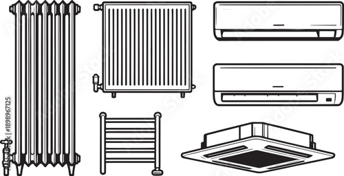 Collection of diverse climate control and heating systems, with a photorealistic, black and white illustrations.