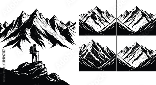 Vector, black, and, white, illustration, of, a, hiker, with, a, backpack, standing, on, a, rocky, peak, overlooking, a, vast, mountain, range, wilderness, landscape