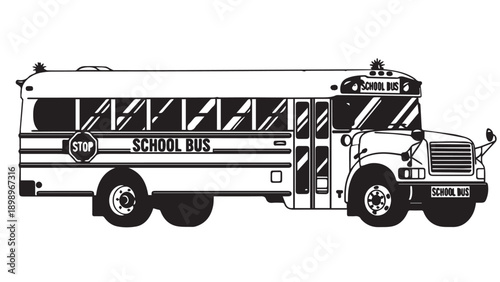 Black and white line drawing of a classic school bus viewed from the side.