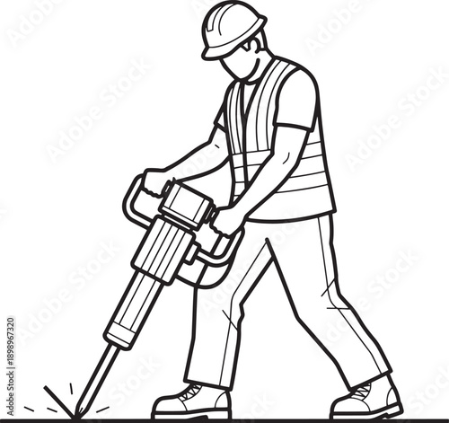 A construction worker uses a jackhammer to break up a concrete surface, a scene of industrious labor.