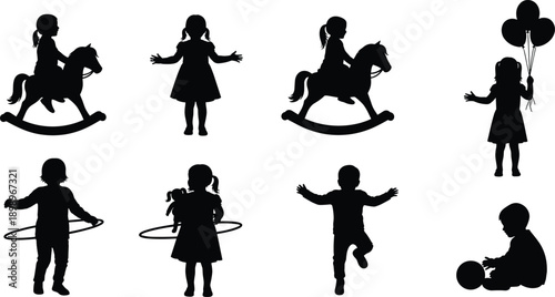 Children silhouette activities set, kids playing riding rocking horse balloons hula hoop jumping poses, childhood fun figures isolated white background