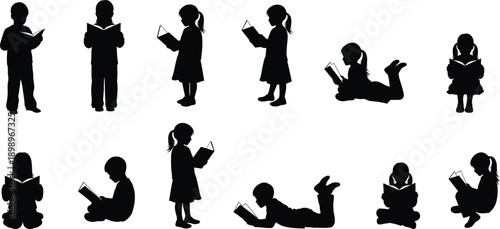 Children, reading, book, silhouettes, kids, education, learning, literacy, study, knowledge, childhood, school, library, imagination, isolated, white, background, collection, illustration, set