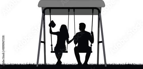 Couple silhouette sitting on swing holding hands romantic evening love relationship leisure black white vector illustration scene peaceful outdoor concept