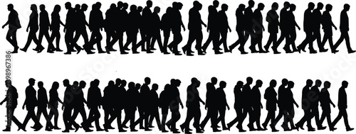 Crowd walking silhouette collection, anonymous people movement concept, urban commuters group procession, social behavior illustration isolated on white background