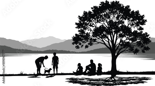 Family silhouette relaxing by lakeside under tree with children parents dog peaceful nature landscape black white illustration scene