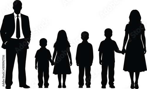 Family silhouettes standing together, parents children unity concept, generational comparison figures, isolated black people, growth stages illustration, timeline lineup relationship