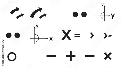 Collection of geometric axis diagrams, arrows, and symbolic icons for vector geometry.