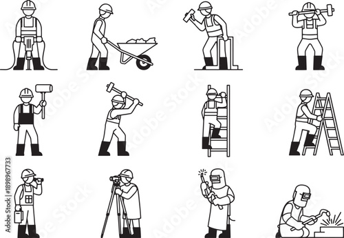 Construction workers in different activities and uniform with construction tools, showcasing an array of professions within the construction industry.