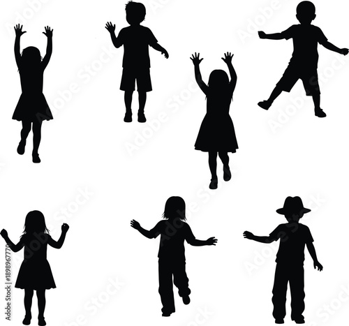 Happy children jumping silhouettes set, playful kids raising hands poses, active childhood energy motion, isolated black figures, fun movement illustration