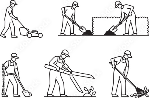 A Gardener's Routine: Lawn care, planting, and maintaining a vibrant garden captured in a collection of illustrations, symbolizing the essence of nurturing and growth.