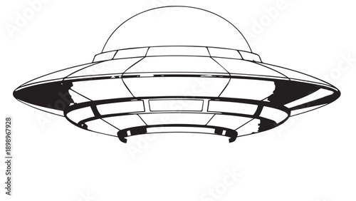 Futuristic flying saucer-shaped craft hovering in open space above a dark(external) environment.